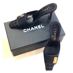 Chanel black canvas mules